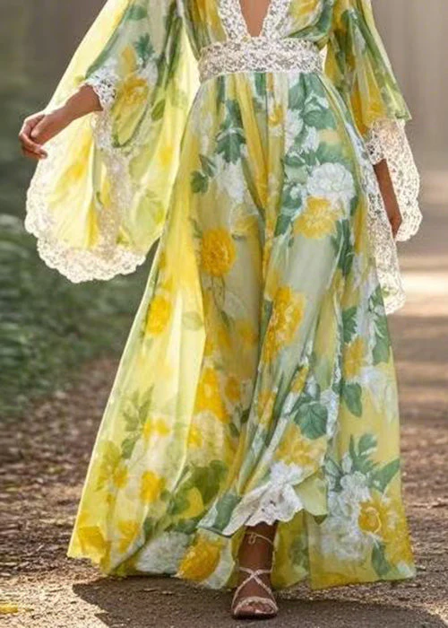 Unique Green Print High Waist Patchwork Chiffon Long Dresses Spring - Image 4