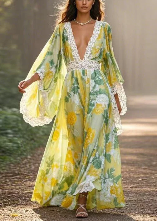 Unique Green Print High Waist Patchwork Chiffon Long Dresses Spring - Image 5