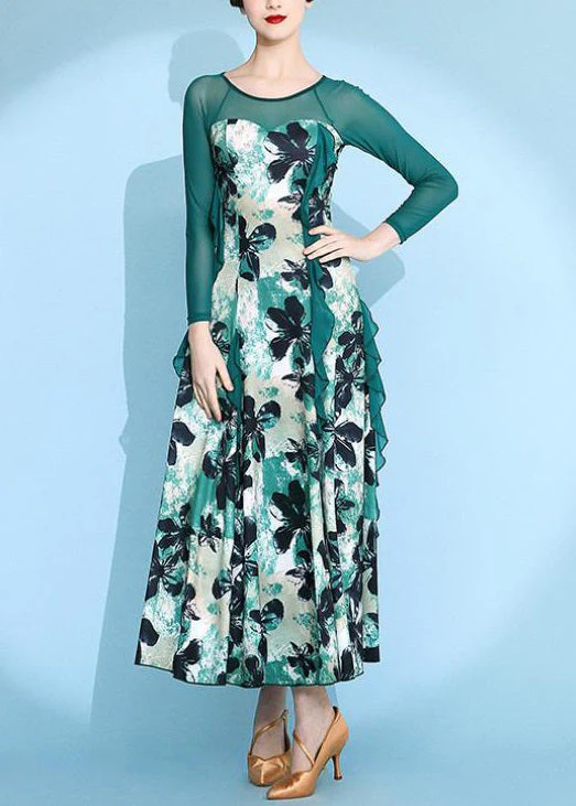Unique Green Print Patchwork Chiffon Maxi Dresses Spring - Image 2