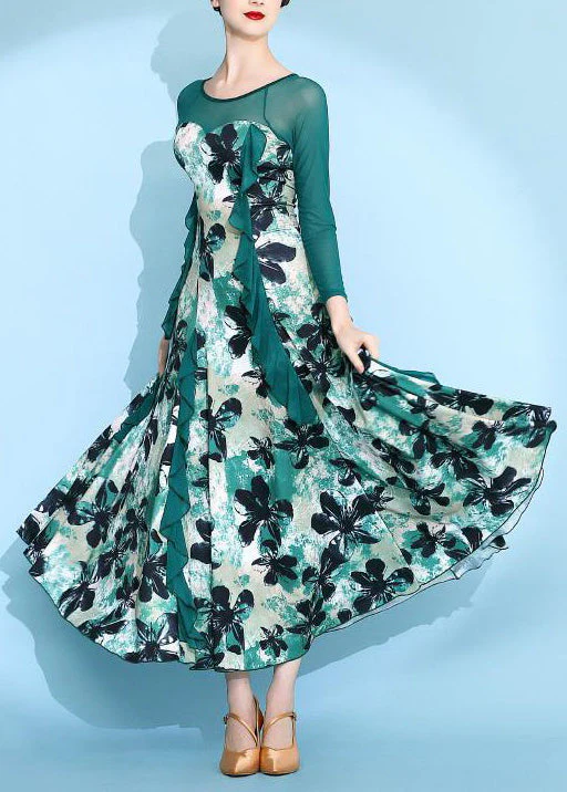 Unique Green Print Patchwork Chiffon Maxi Dresses Spring - Image 3