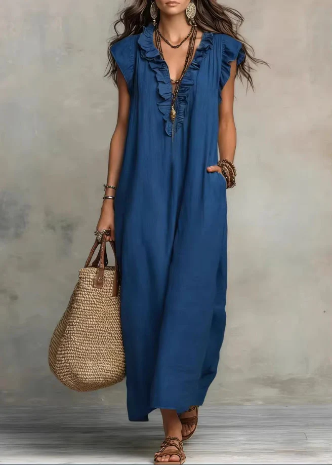 Unique Green Ruffled Patchwork Cotton Maxi Dress Summer - Image 3