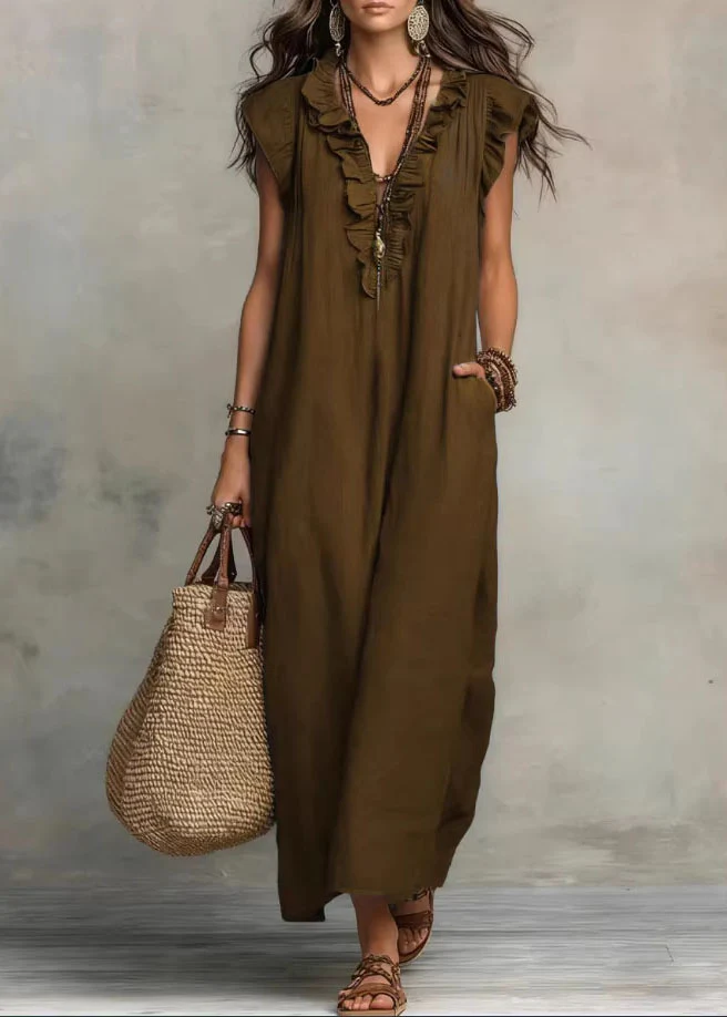 Unique Green Ruffled Patchwork Cotton Maxi Dress Summer - Image 4