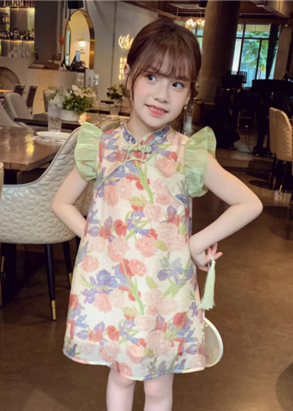 Unique Green Stand Collar Print Button Girls Mid Dresses Sleeveless - Image 2