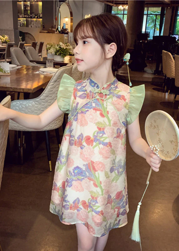 Unique Green Stand Collar Print Button Girls Mid Dresses Sleeveless - Image 4