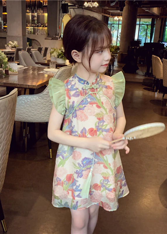 Unique Green Stand Collar Print Button Girls Mid Dresses Sleeveless - Image 5