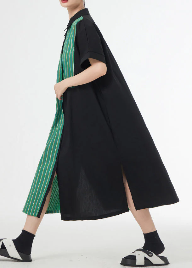 Unique Green Striped Asymmetrical Patchwork Cotton Shirt Dress Summer - Image 4