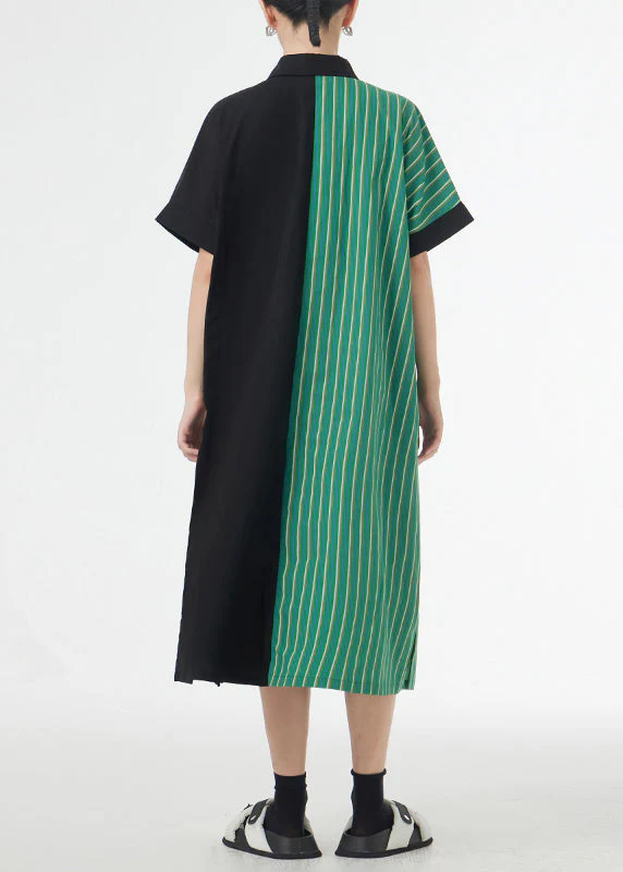 Unique Green Striped Asymmetrical Patchwork Cotton Shirt Dress Summer - Image 5