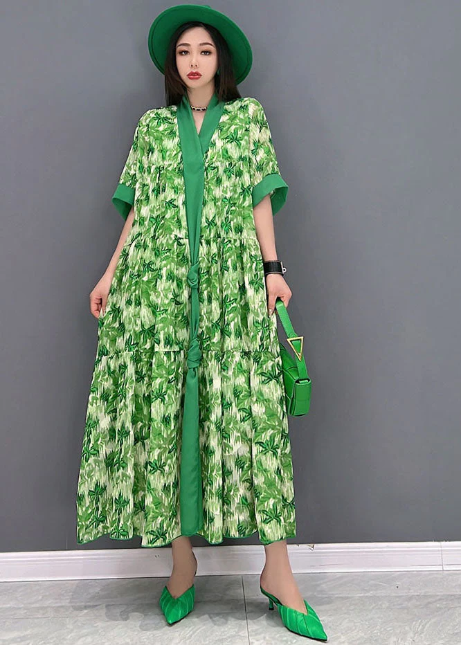 Unique Green V Neck Print Chiffon Long Dresses Short Sleeve - Image 2