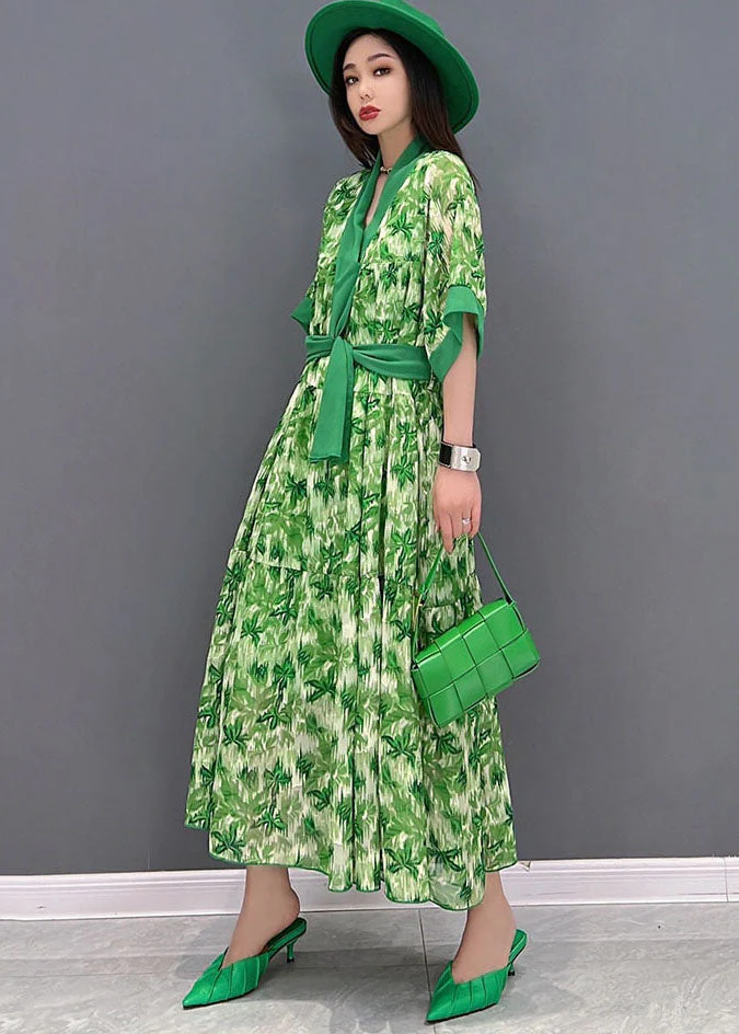 Unique Green V Neck Print Chiffon Long Dresses Short Sleeve - Image 3