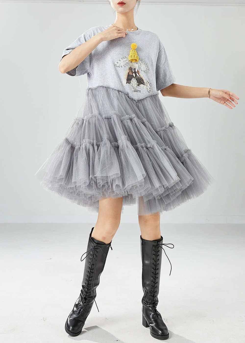 Unique Grey Cartoon Zircon Tulle Patchwork Cotton Party Dress Summer - Image 2