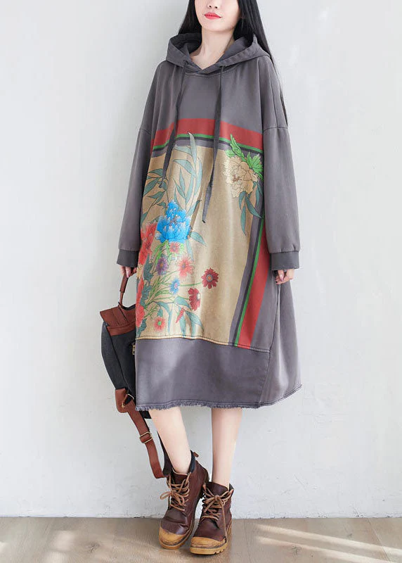 Unique Grey drawstring Hooded print Dresses Spring - Image 2
