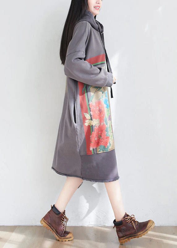 Unique Grey drawstring Hooded print Dresses Spring - Image 5