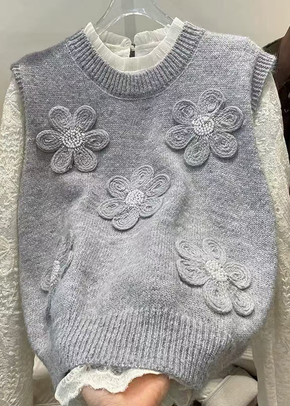 Unique Grey Floral Knit Vest And Shirts 2 Piece Outfit Spring - Image 4