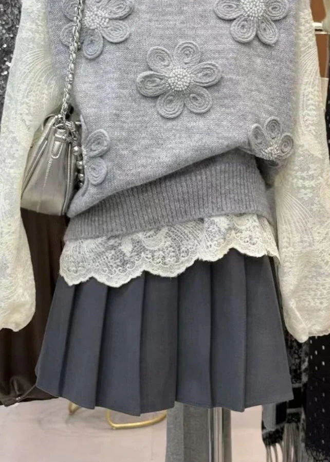 Unique Grey Floral Knit Vest And Shirts 2 Piece Outfit Spring - Image 5
