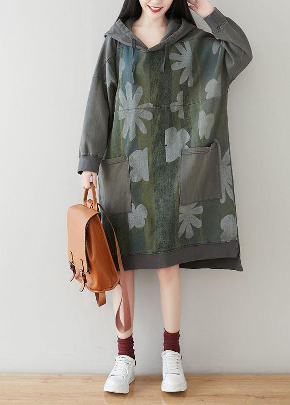 Unique Grey Hooded Pockets Patchwork Print Fall Sweatshirt Dress - Image 2