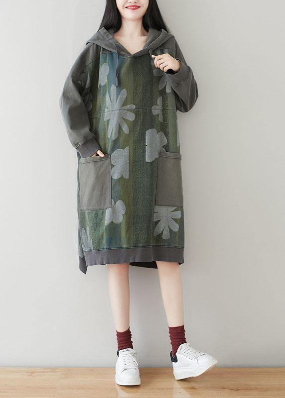 Unique Grey Hooded Pockets Patchwork Print Fall Sweatshirt Dress - Image 3