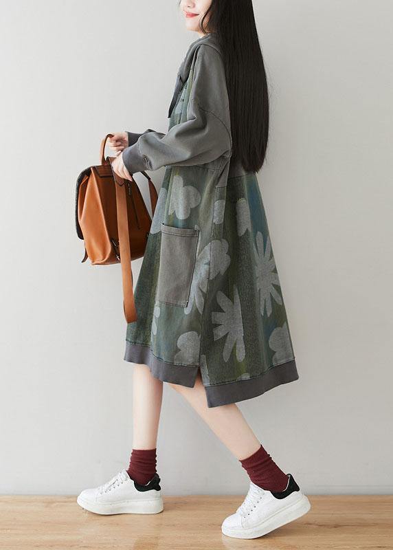 Unique Grey Hooded Pockets Patchwork Print Fall Sweatshirt Dress - Image 4