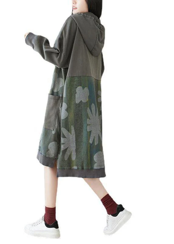 Unique Grey Hooded Pockets Patchwork Print Fall Sweatshirt Dress - Image 5