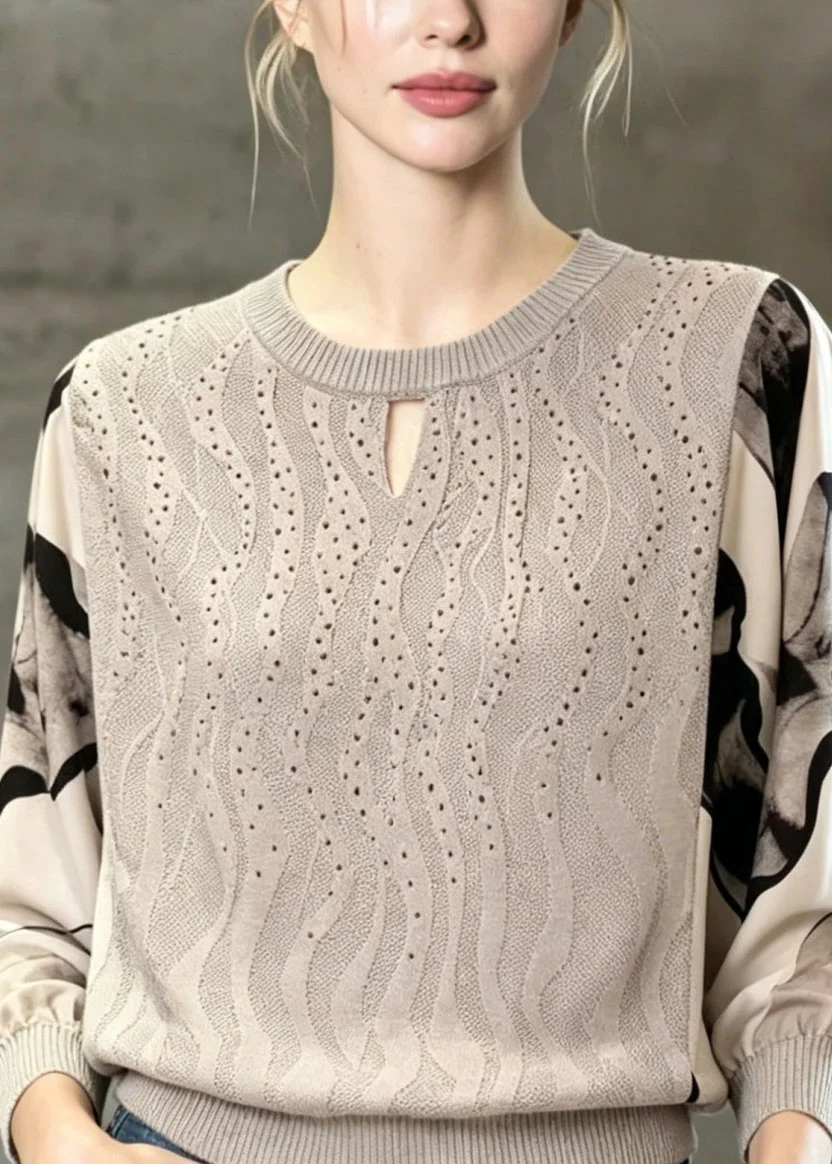 Unique Grey O Neck Chiffon Print Patchwork Knit Top Spring - Image 2