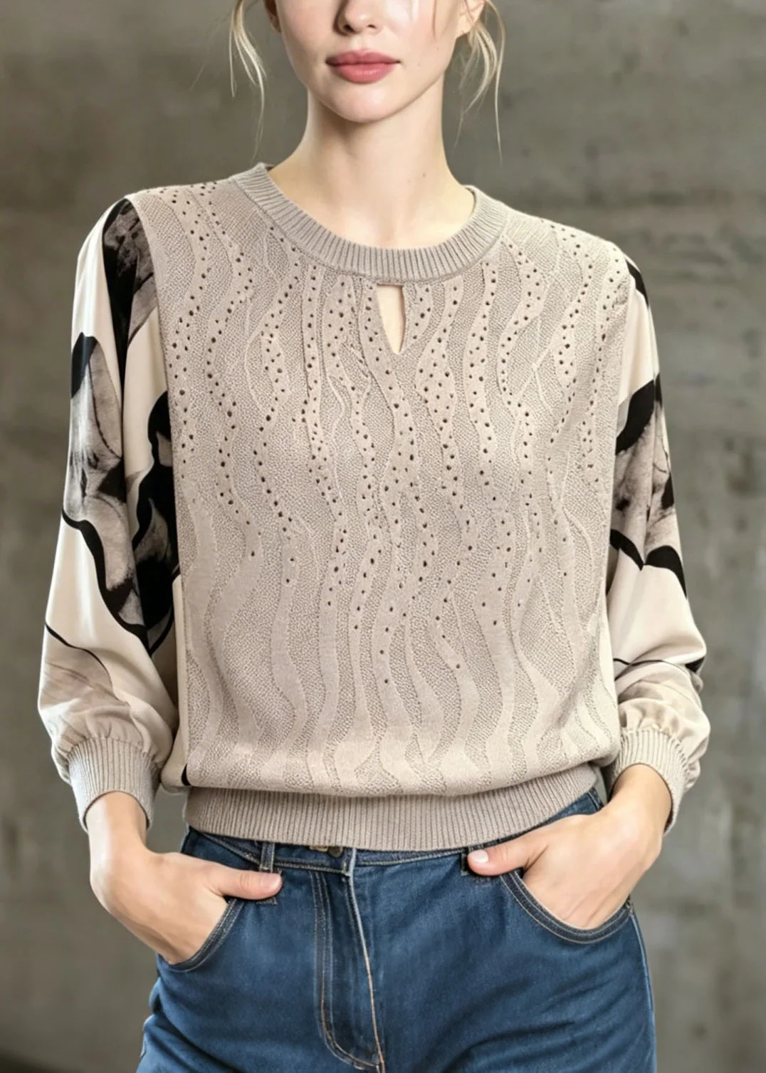 Unique Grey O Neck Chiffon Print Patchwork Knit Top Spring - Image 3