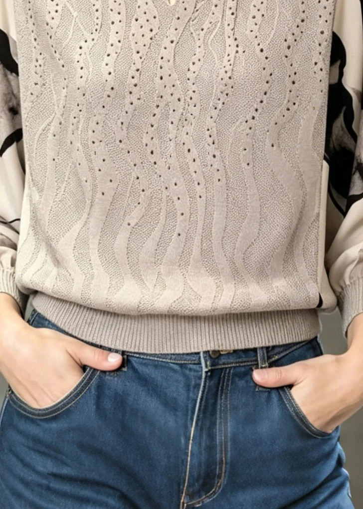 Unique Grey O Neck Chiffon Print Patchwork Knit Top Spring - Image 4