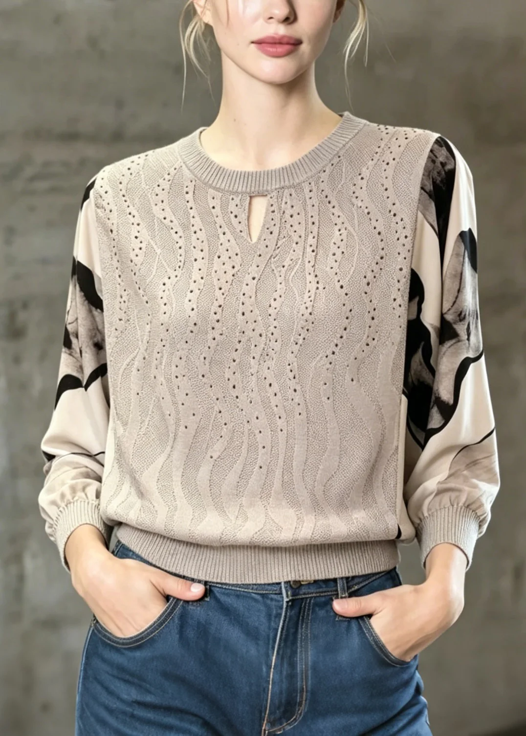 Unique Grey O Neck Chiffon Print Patchwork Knit Top Spring - Image 5