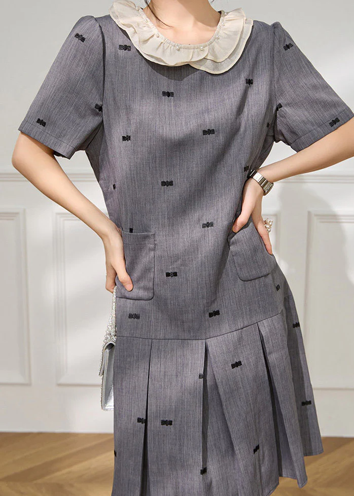 Unique Grey O-Neck Embroidered Pockets Maxi Dress Short Sleeve - Image 4