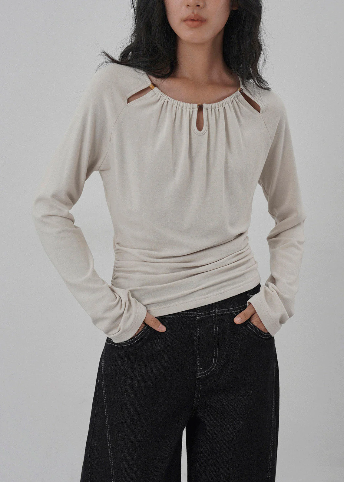Unique Grey O Neck Hollow Out Wrinkled Cotton Top Spring - Image 2