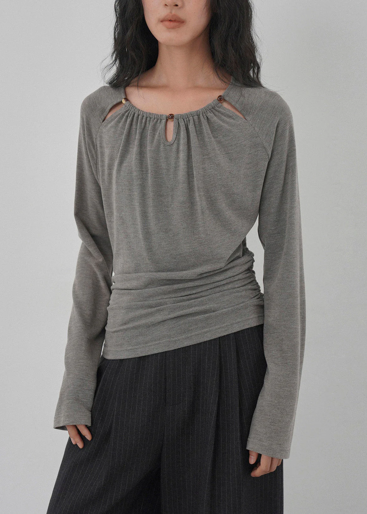 Unique Grey O Neck Hollow Out Wrinkled Cotton Top Spring - Image 3