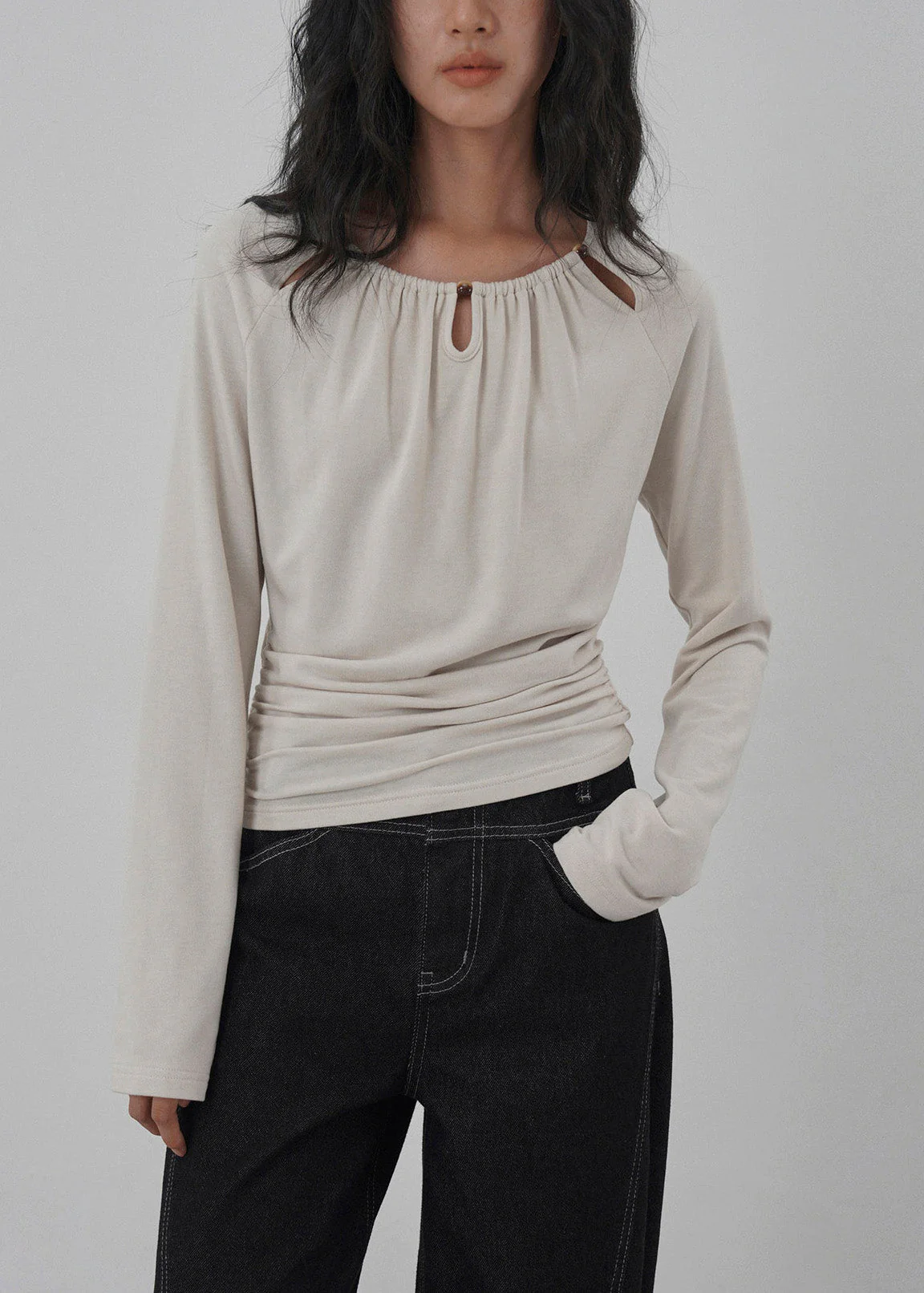 Unique Grey O Neck Hollow Out Wrinkled Cotton Top Spring - Image 4