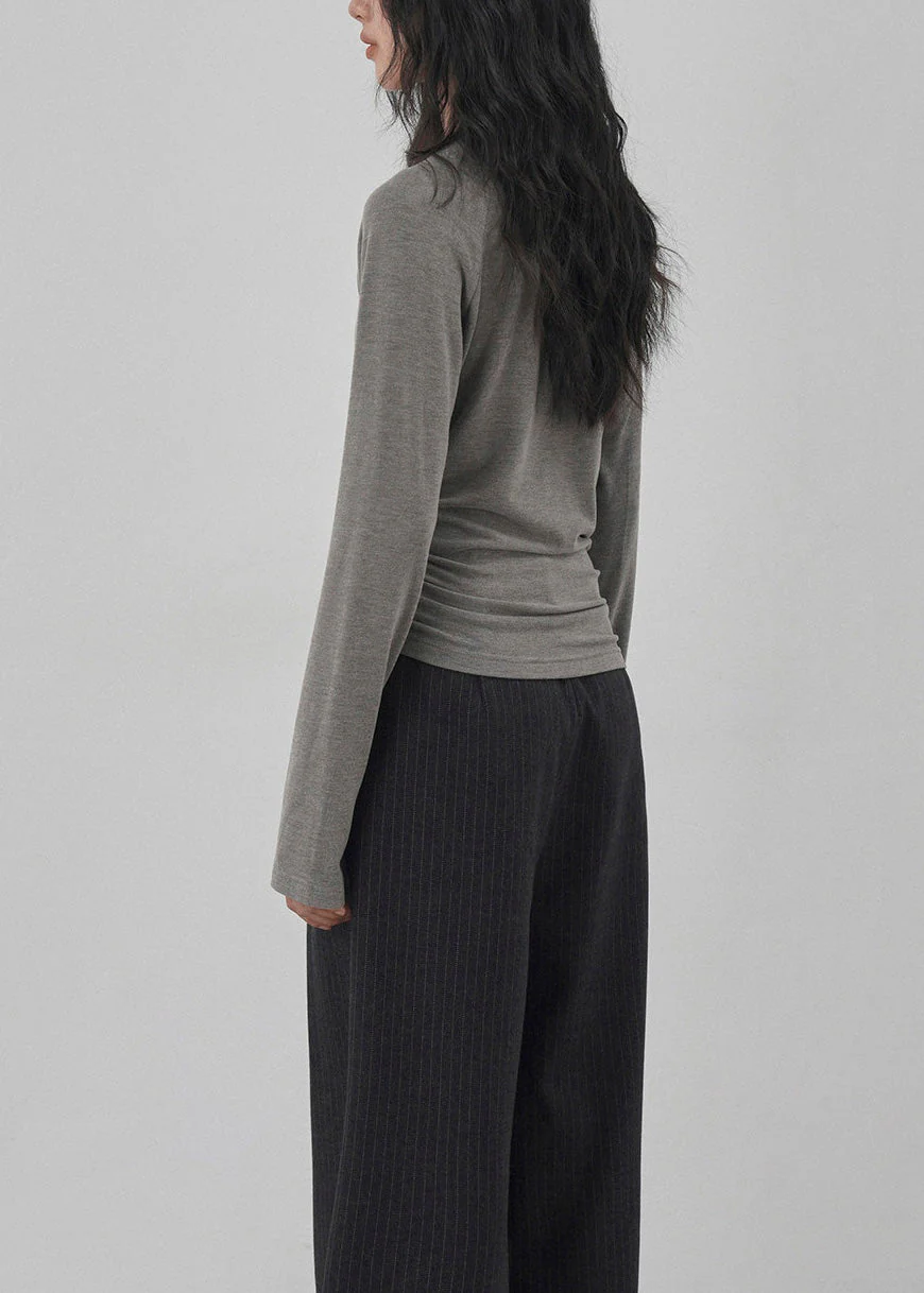 Unique Grey O Neck Hollow Out Wrinkled Cotton Top Spring - Image 5
