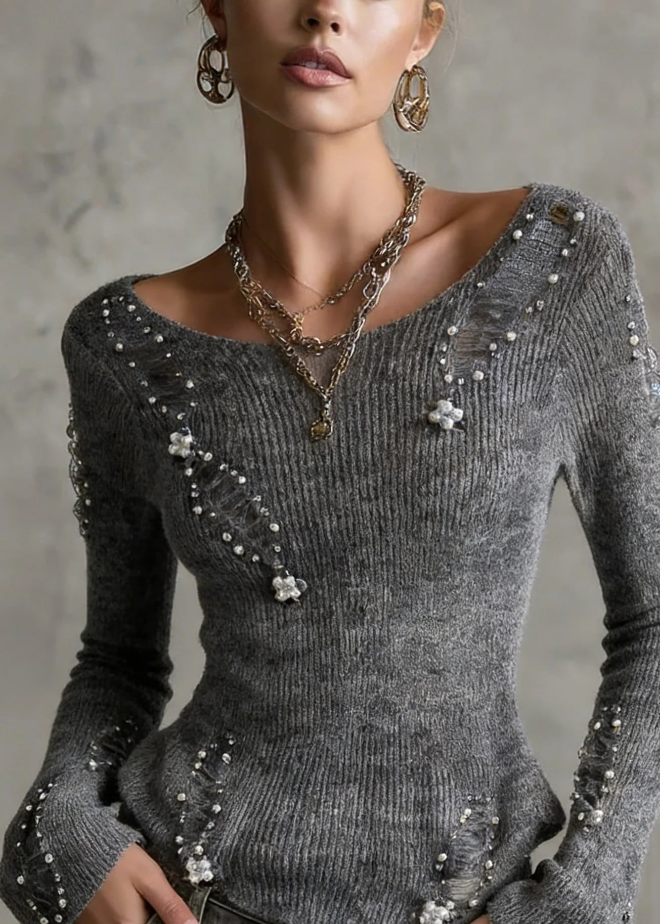 Unique Grey O Neck Nail Bead Zircon Knit Top Spring - Image 2