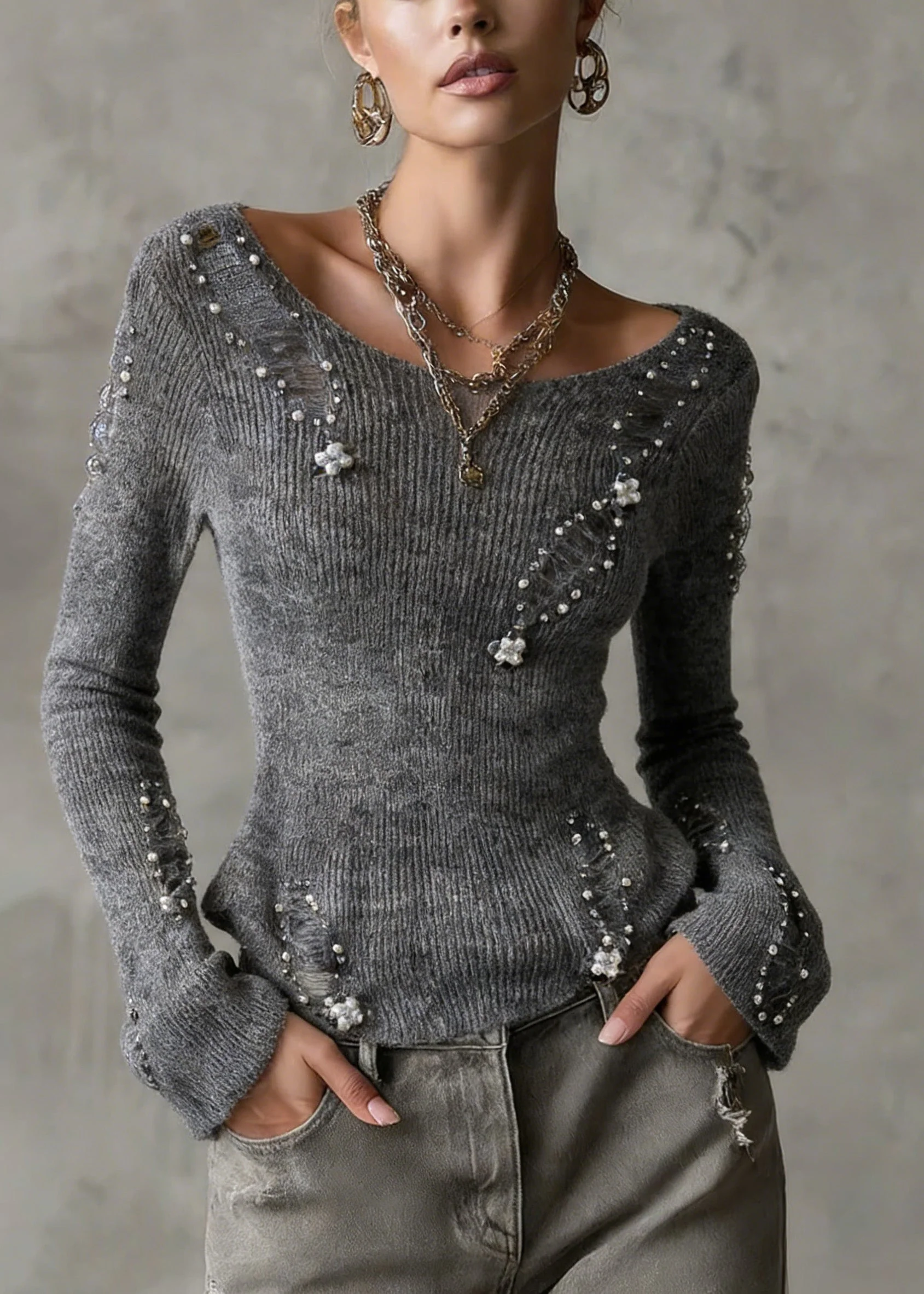 Unique Grey O Neck Nail Bead Zircon Knit Top Spring - Image 3