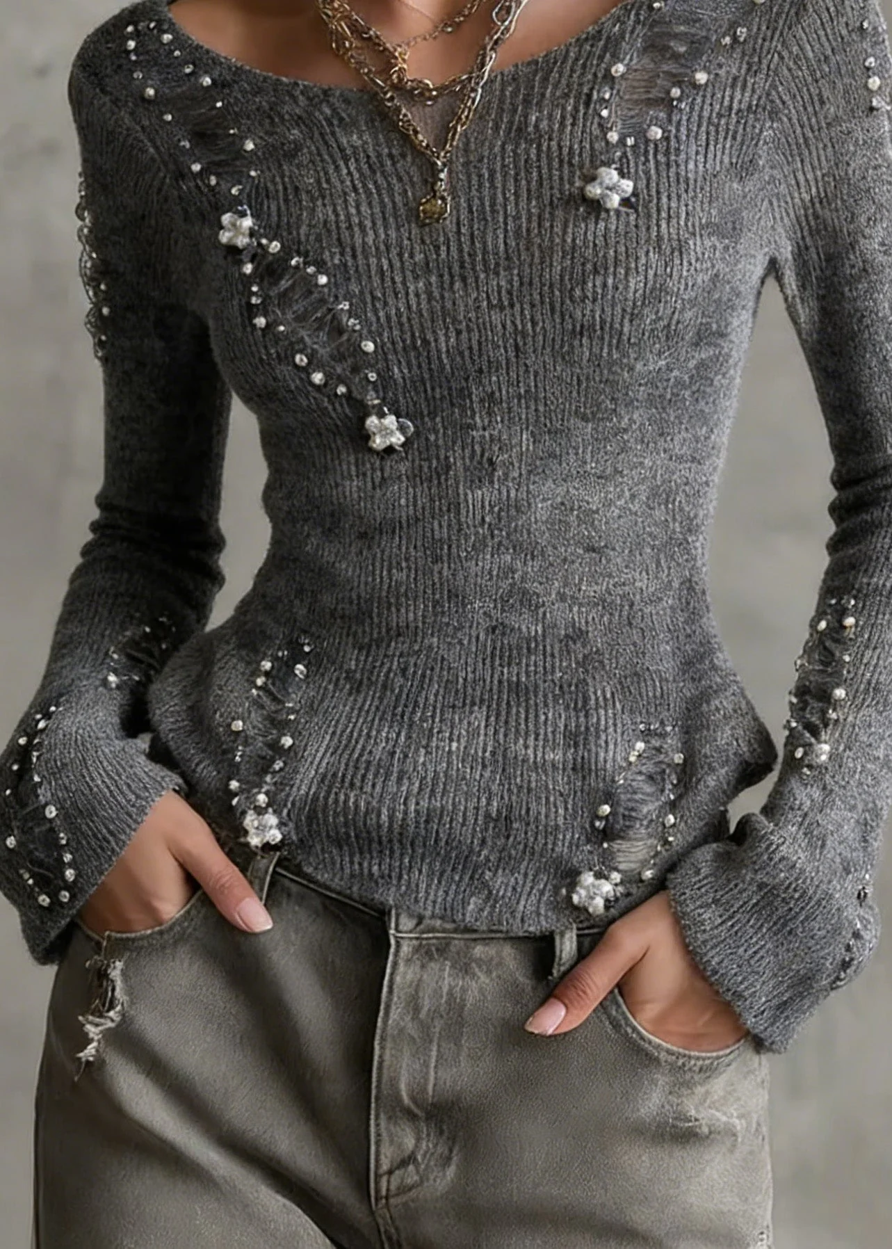 Unique Grey O Neck Nail Bead Zircon Knit Top Spring - Image 4