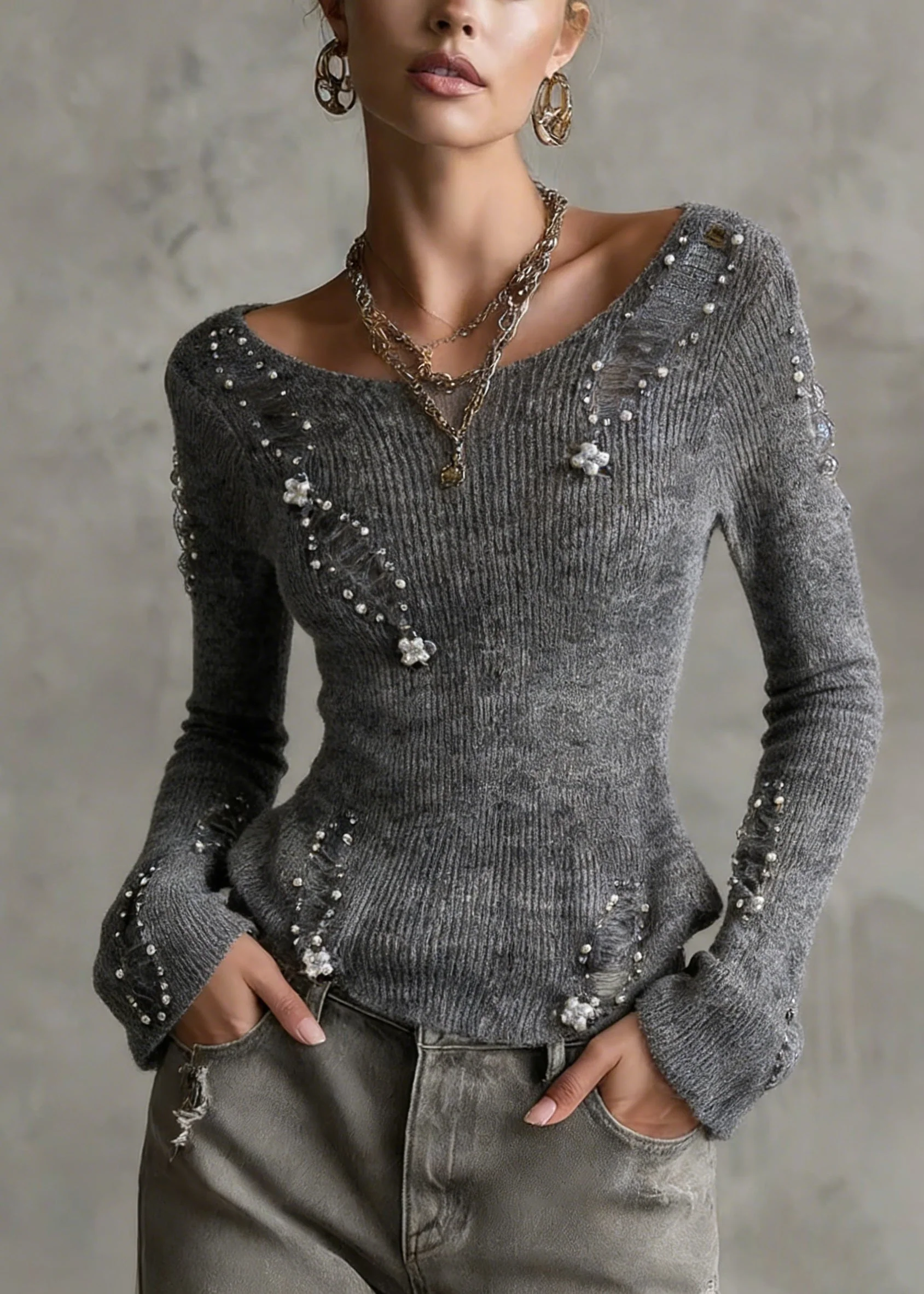 Unique Grey O Neck Nail Bead Zircon Knit Top Spring - Image 5