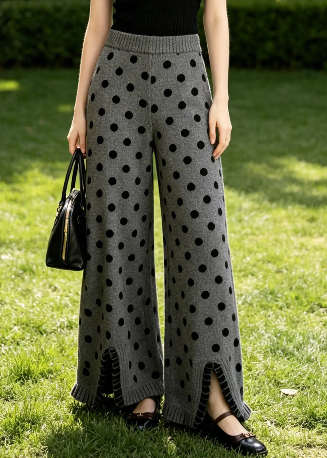 Unique Grey Ruffled Dot Print Knit Wide Leg Pants Fall - Image 4