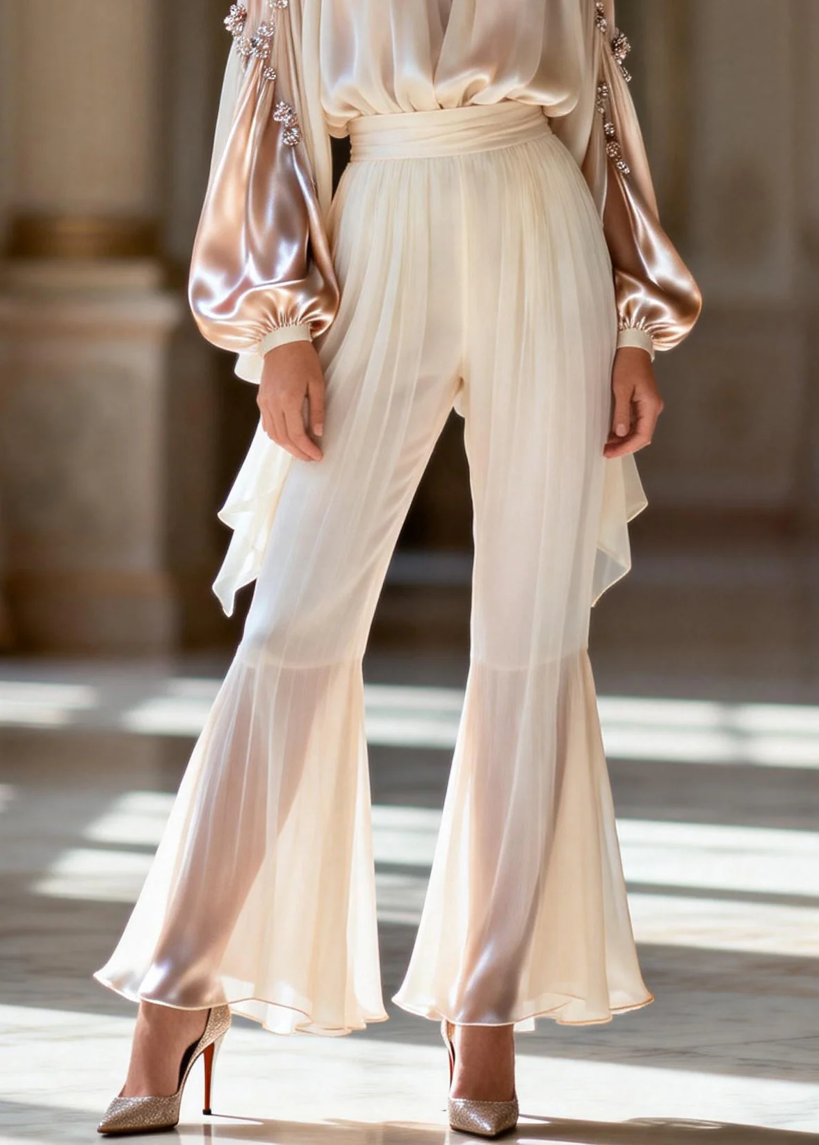 Unique Hign Neck Zircon Wrinkled Silk Two Piece Set Spring - Image 4