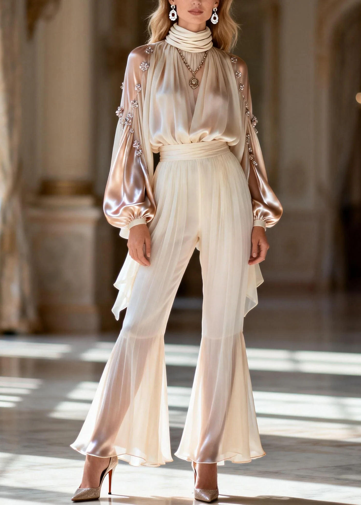 Unique Hign Neck Zircon Wrinkled Silk Two Piece Set Spring - Image 5