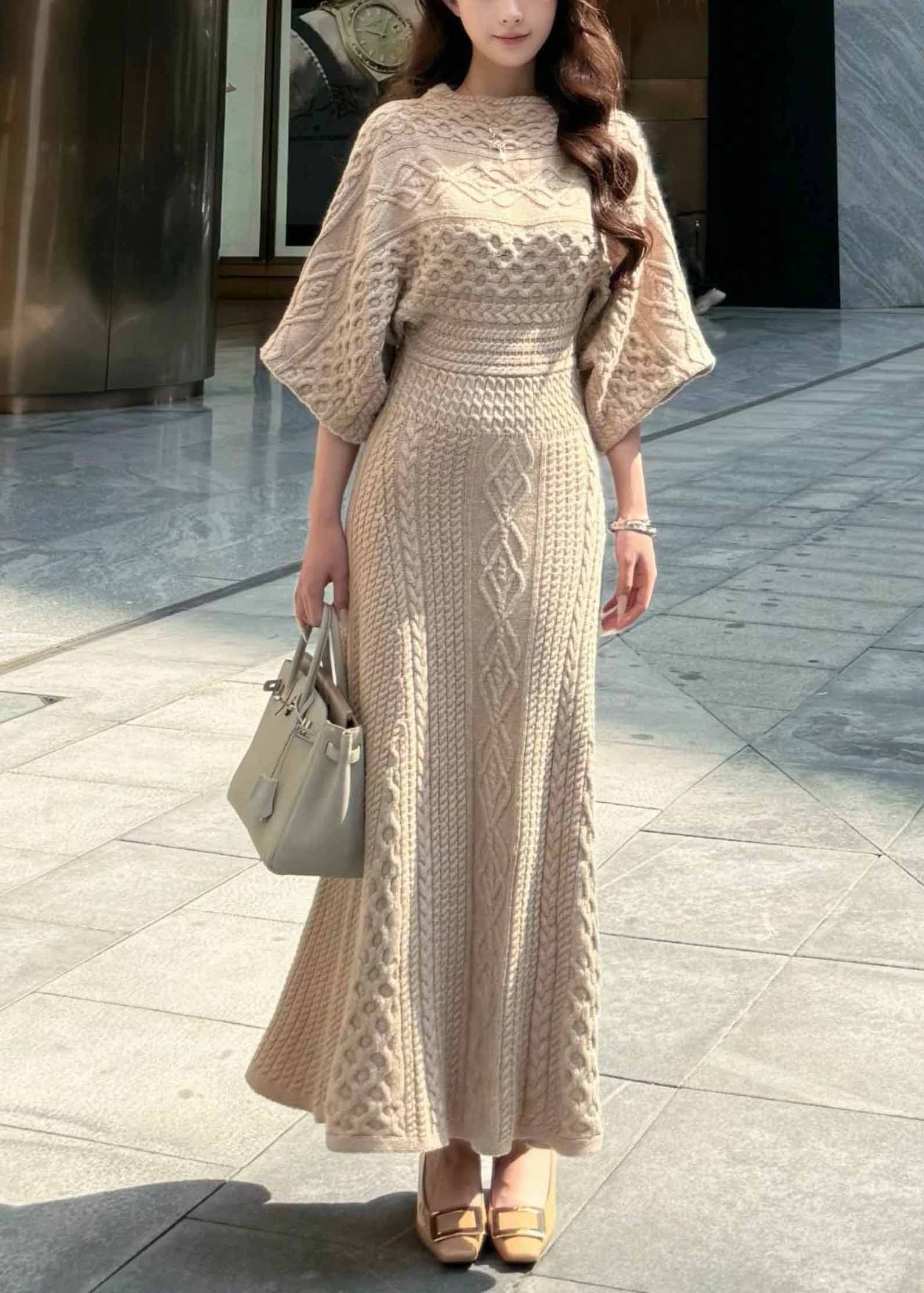 Unique Khaki O-Neck Slim Fit Knit Long Dresses Spring - Image 2
