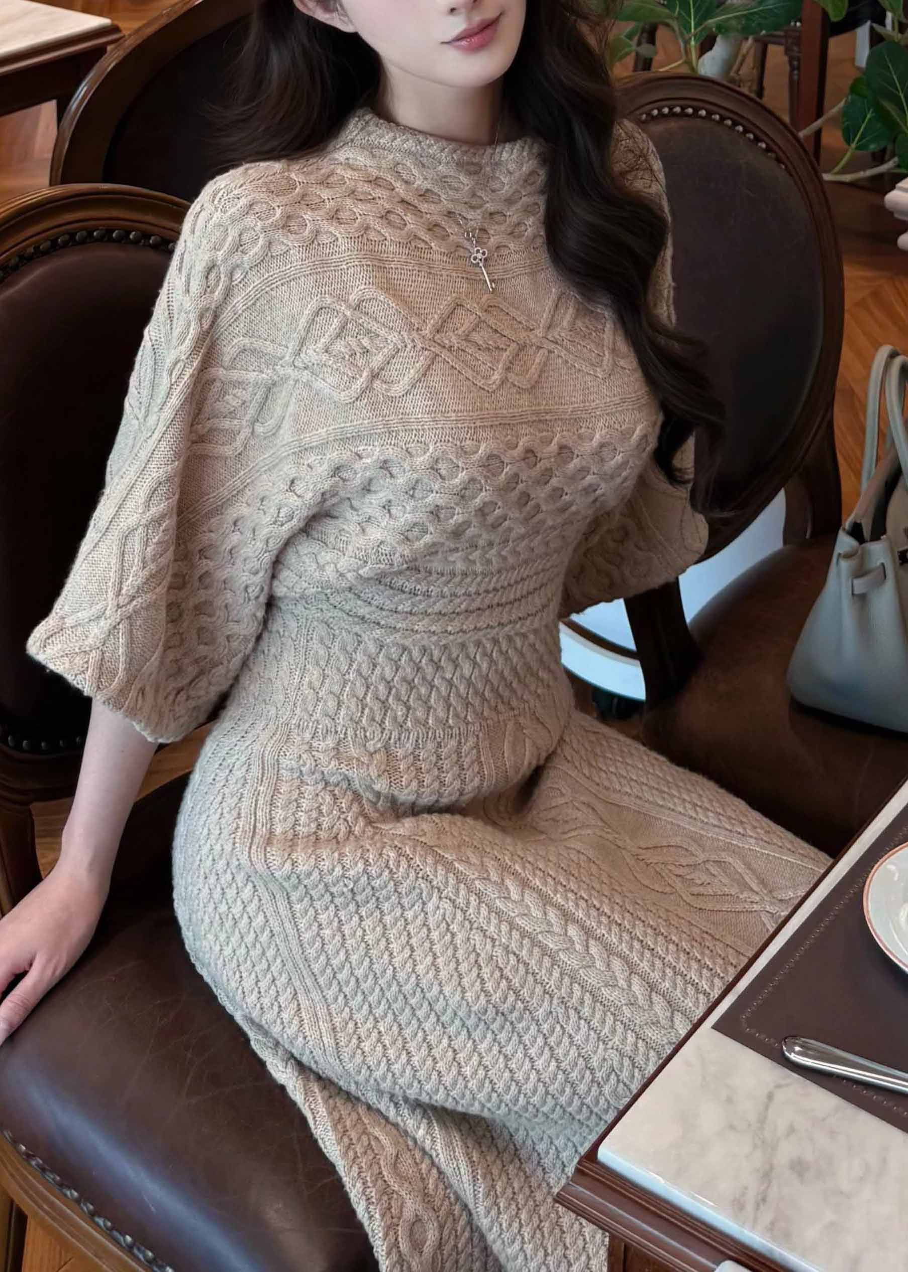 Unique Khaki O-Neck Slim Fit Knit Long Dresses Spring - Image 3