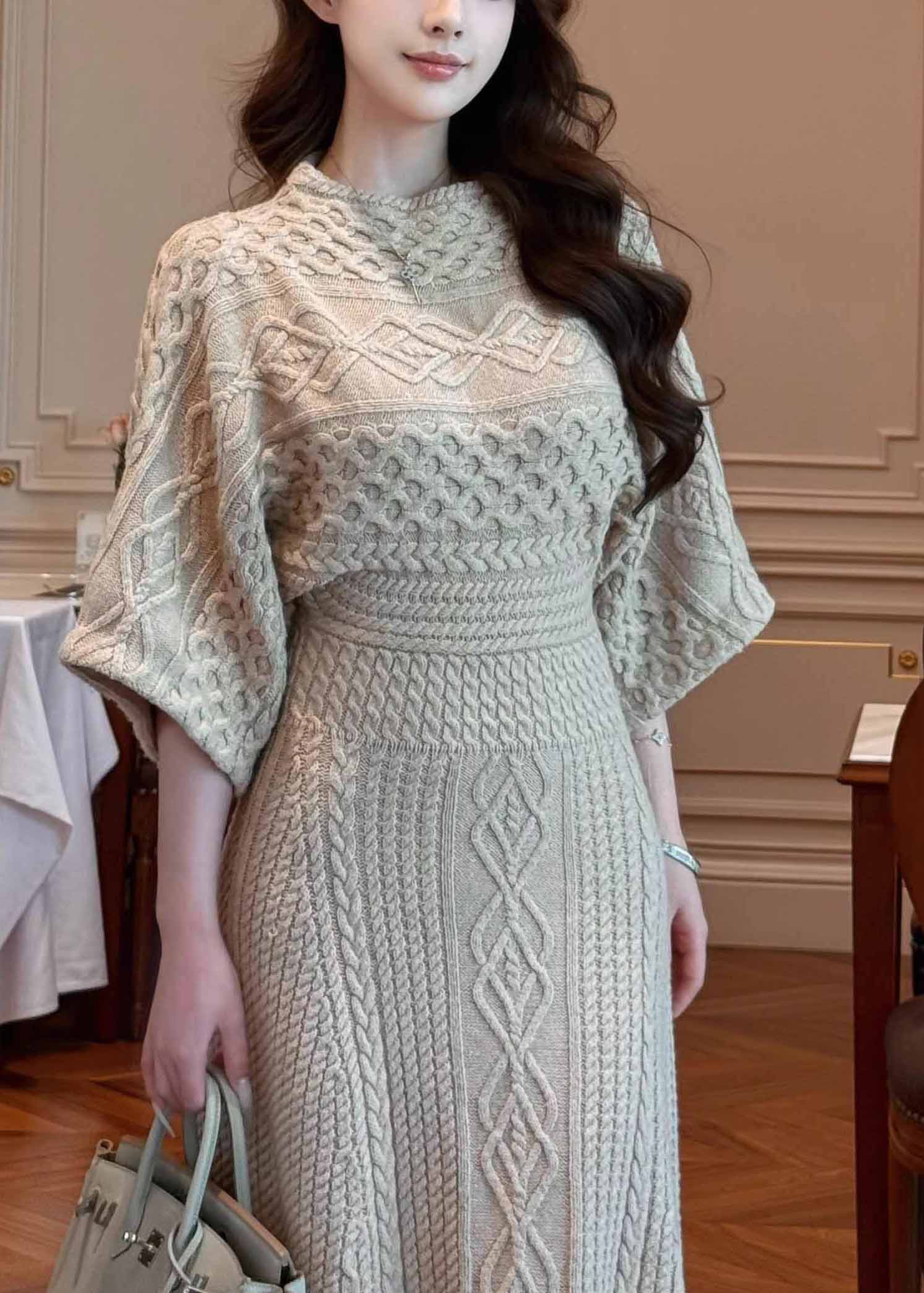Unique Khaki O-Neck Slim Fit Knit Long Dresses Spring - Image 4