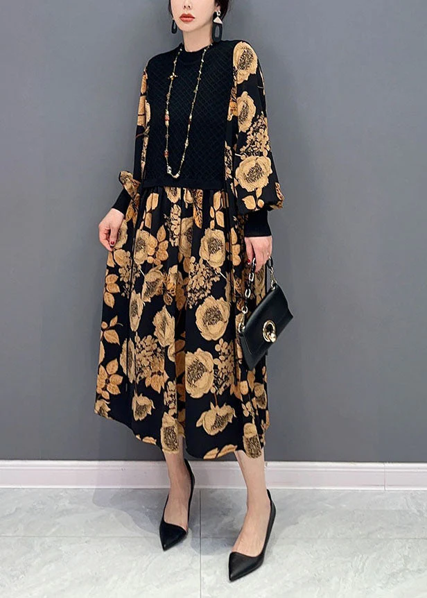 Unique Khaki Print Knit Patchwork Chiffon Dresses Lantern Sleeve - Image 2