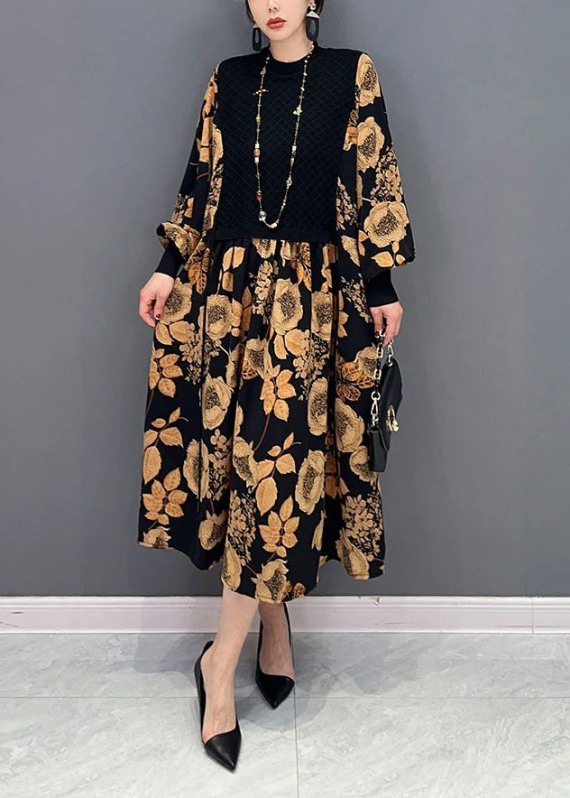 Unique Khaki Print Knit Patchwork Chiffon Dresses Lantern Sleeve - Image 3