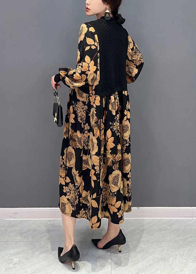Unique Khaki Print Knit Patchwork Chiffon Dresses Lantern Sleeve - Image 4