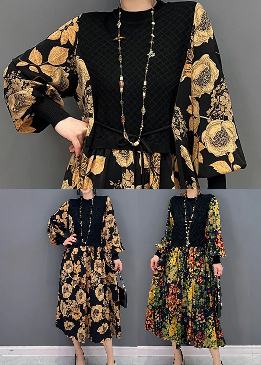Unique Khaki Print Knit Patchwork Chiffon Dresses Lantern Sleeve - Image 5