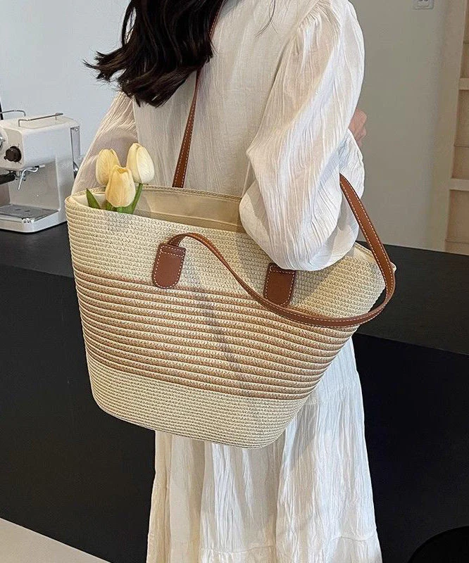 Unique Khaki Striped Large Capacity Straw Woven Shoulder Bags - Image 2