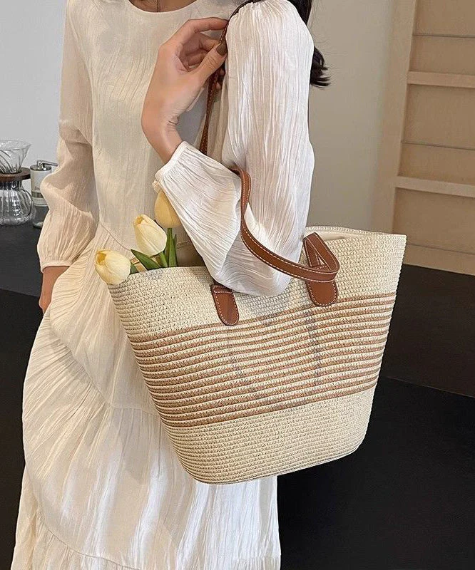 Unique Khaki Striped Large Capacity Straw Woven Shoulder Bags - Image 3
