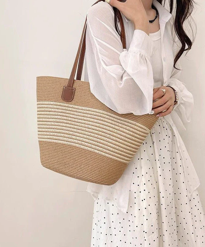 Unique Khaki Striped Large Capacity Straw Woven Shoulder Bags - Image 4