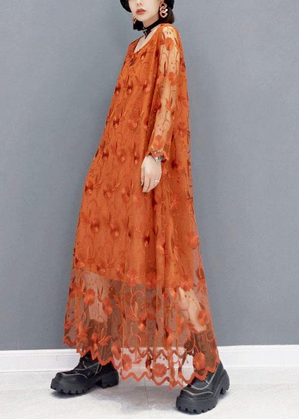 Unique Khaki Tulle Embroideried Fall Long Sleeve Long Dress