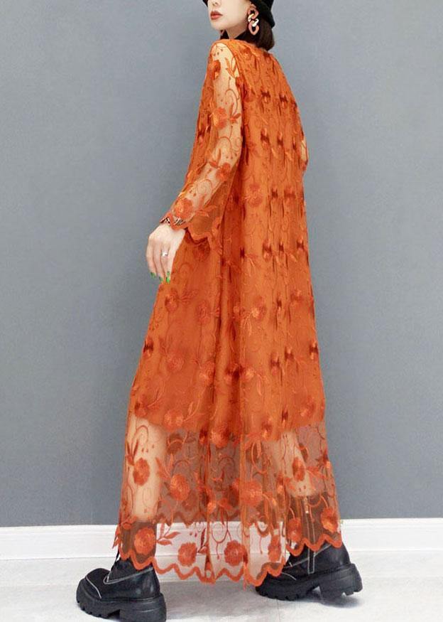 Unique Khaki Tulle Embroideried Fall Long Sleeve Long Dress - Image 3